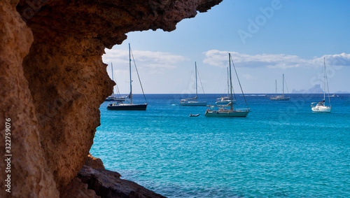 sailing boats in sea cala Saona at Formentera Island Spain