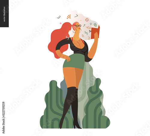 World Book Day graphics, vulgar dressed woman, book week events. Modern flat vector concept illustrations of reading people - a vulgar dressed woman in street reading a finance book with enthusiasm