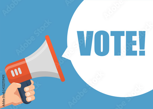 Vote - Male hand holding megaphone. Flat design. Can be used business company for social media, networks, promotion and advertising.