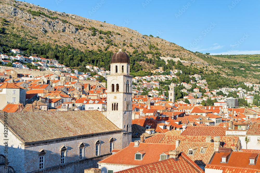 Panorama of Old city with church belfry in Dubrovnik