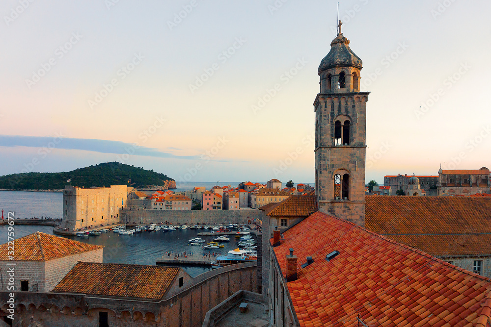 Panorama on Old town fort in Dubrovnik in evening
