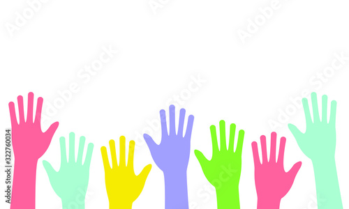 Colored hands raised up isolated on a white background. The concept of volunteering, inclusion, diversity. Banner design. Vector stock illustration.