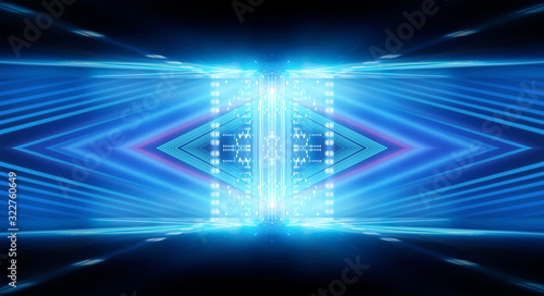 Dark empty abstract scene, rays of searchlights, neon blue light, highlights and lights. Night view of the scene, a tunnel with illumination. Dark background with spotlights. © MiaStendal