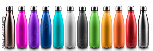 Colorful reusable stainless thermo bottles for water or another liquid with closed cap. Steel eco bottle. Plastic free. Isolated on white background.