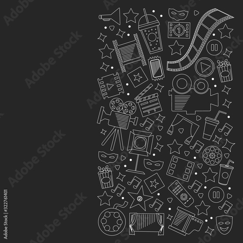 Cinema, video. Doodle set of vector icons. Megaphone, camera, movie. Musical theathre, entertaiment.