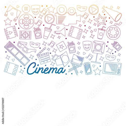 Cinema, video. Doodle set of vector icons. Megaphone, camera, movie. Musical theathre, entertaiment.