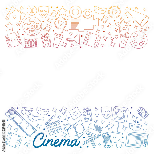 Cinema, video. Doodle set of vector icons. Megaphone, camera, movie. Musical theathre, entertaiment.