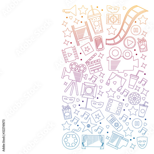 Cinema, video. Doodle set of vector icons. Megaphone, camera, movie. Musical theathre, entertaiment.
