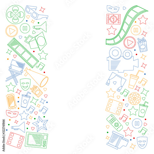 Cinema, video. Doodle set of vector icons. Megaphone, camera, movie. Musical theathre, entertaiment.