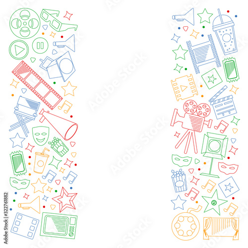 Cinema, video. Doodle set of vector icons. Megaphone, camera, movie. Musical theathre, entertaiment.