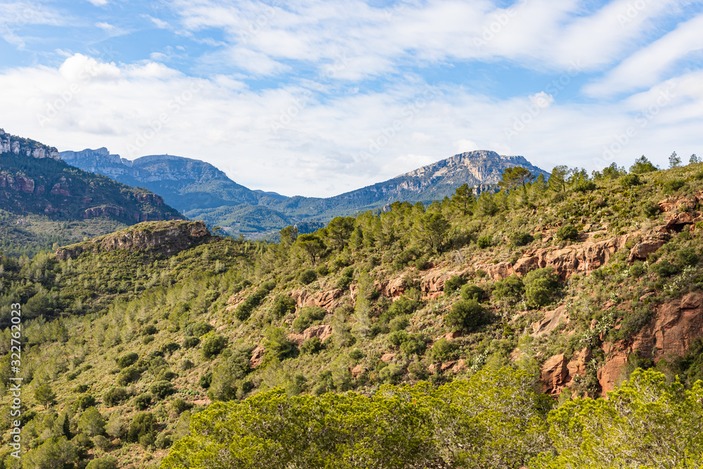 Fototapeta premium View of the mountains of the Natural Reserve of Lleberia from the Sanctuary of La Mare de Deu of Roca, Mont-roig, Catalonia, Spain