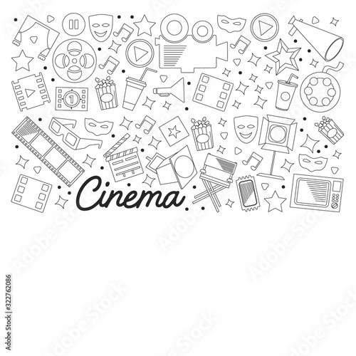 Cinema, video. Doodle set of vector icons. Megaphone, camera, movie. Musical theathre, entertaiment.