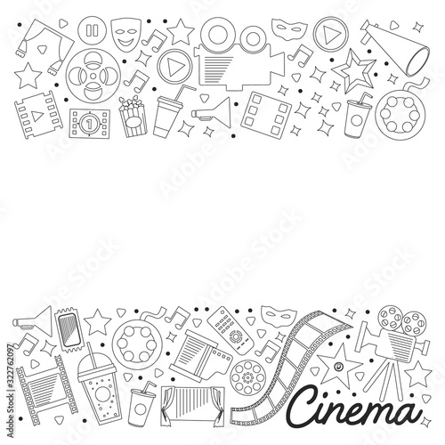 Cinema, video. Doodle set of vector icons. Megaphone, camera, movie. Musical theathre, entertaiment.