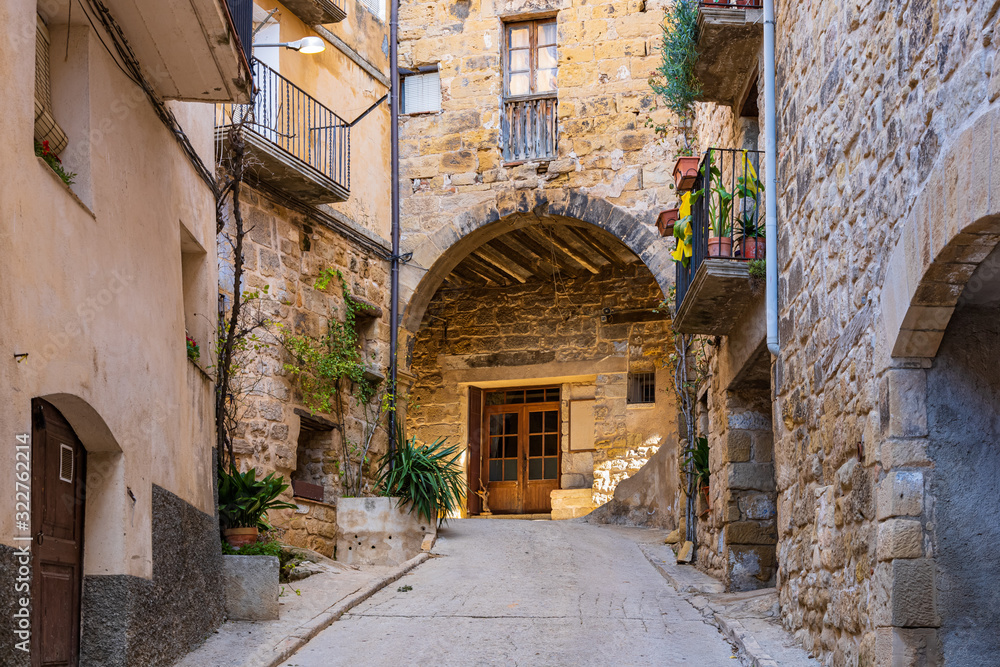 View of one of the medieval streets of the Horta de Sant Joan, Catalonia, Spain.