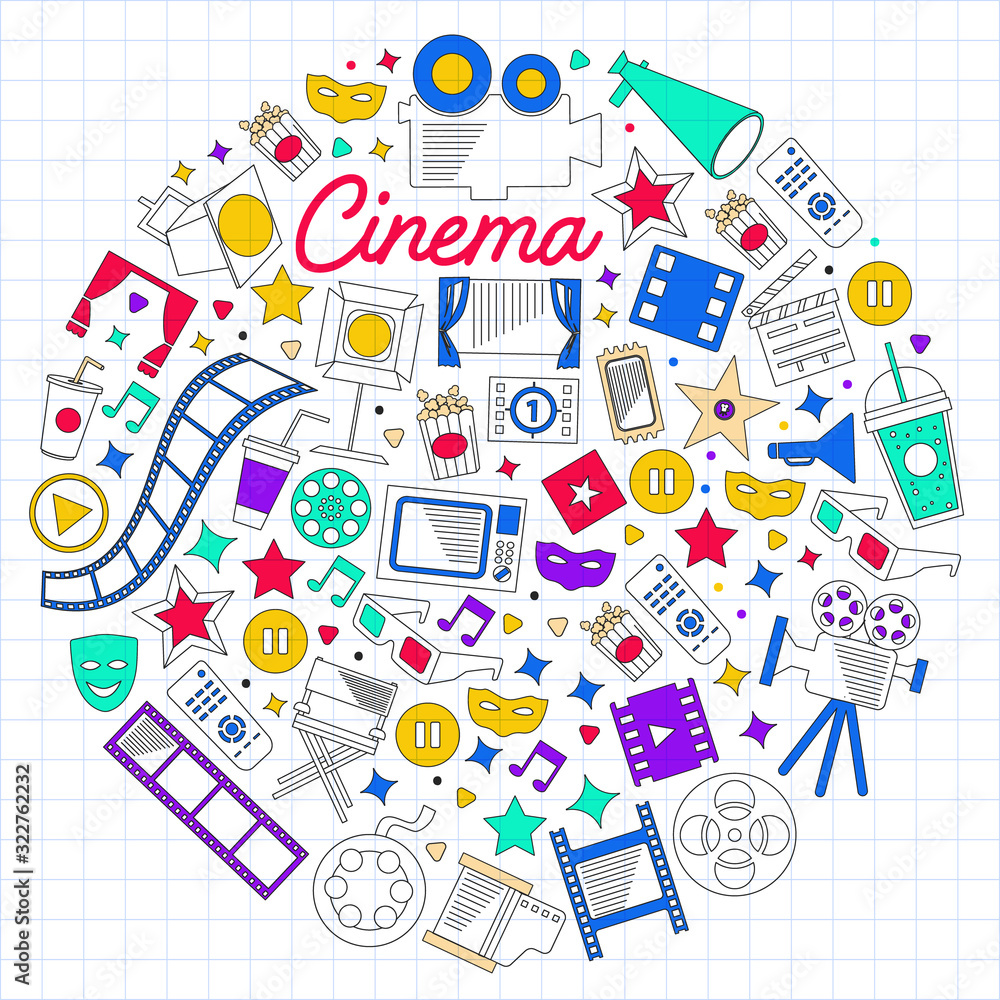 Vector pattern with cinema icons. Movie Theater, TV, popcorn, video clips, musical Vector pattern with cinema icons. Movie Theater, TV, popcorn, video clips, musical