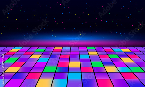 Banner for printing night disco parties. Retro vintage neon grid dance floor horizon 80s and 90s photo