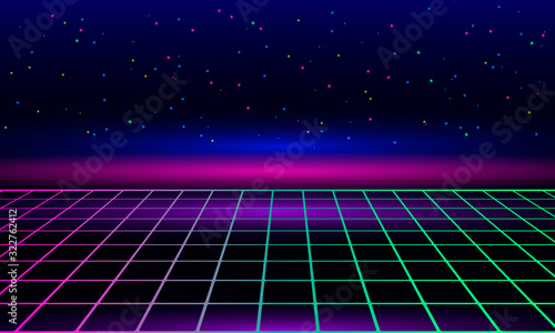 Fototapeta Retro vintage neon grid horizon of the 80s and 90s. Banner for printing night disco parties.