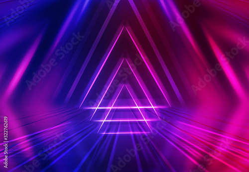 Dark abstract futuristic background. Geometric laser figure in the center of the stage. Neon blue-pink rays of light on a dark background