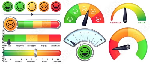 Pain scale meter. Smile and sad emotion measure, no pain and worst pain scales vector set. Collection of modern tools for measuring level or degree of severity and intensity of pain with smiley faces. photo