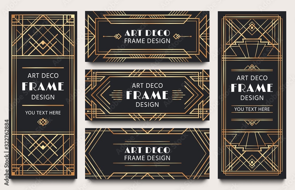 Golden art deco banner frames. Geometric gold lines frame, luxury