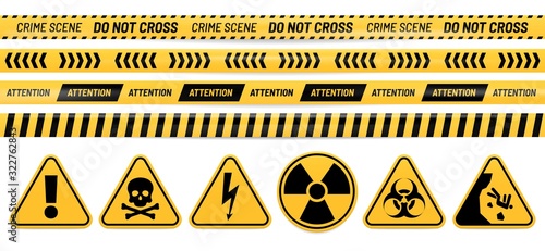 Danger ribbon and sign. Attention, poison, high voltage, radiation, biohazard and falling warning signs. Caution tape vector set. Bundle of restricted access, safety and hazard stripes, alert symbols.