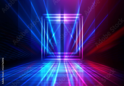 Dark abstract futuristic background. Geometric laser figure in the center of the stage. Neon blue-pink rays of light on a dark background © Laura Сrazy