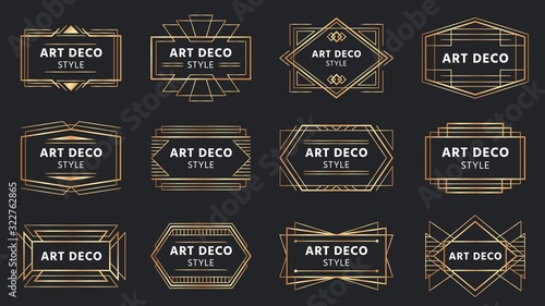 Golden art deco badges. Gold frame label, decorative badge and geometric frames vector set. Collection of elegant rectangular borders for emblem, label. Retro linear ornaments, vintage decorations.