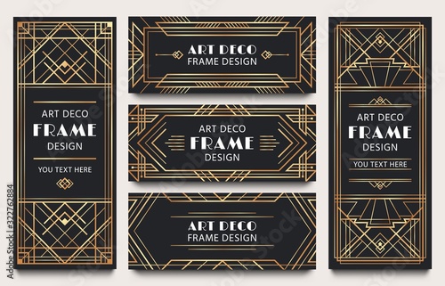 Golden art deco banner frames. Geometric gold lines frame, luxury decorative corners and premium label vector set. Collection of elegant card templates decorated by retro ornaments in 1920s style.
