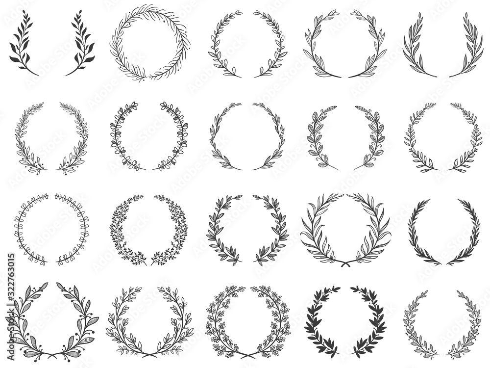 Ornamental branch wreathes. Laurel leafs wreath, olive branches and round floral ornament frames vector set. Bundle of victory or triumph symbols, natural decorative design elements with bay foliage.