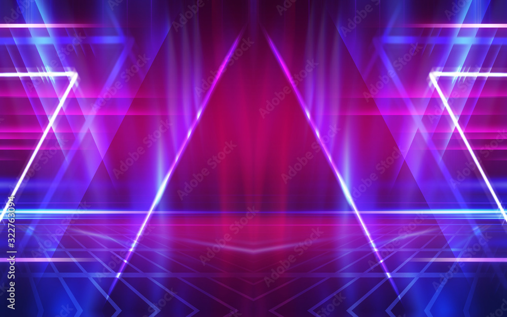 Abstract dark background with blue and pink neon glow. Neon lines of light. Background empty scene. Abstract dark background with blue and pink neon glow. Neon lines of light. Background empty scene.