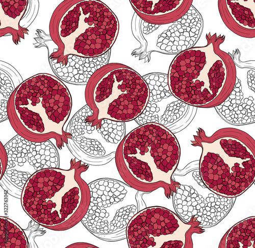 A seamless pattern of pomegranate pieces on a white background. Design for cosmetics, spa, pomegranate juice, health care products, perfume. Best for textile and wrapping paper