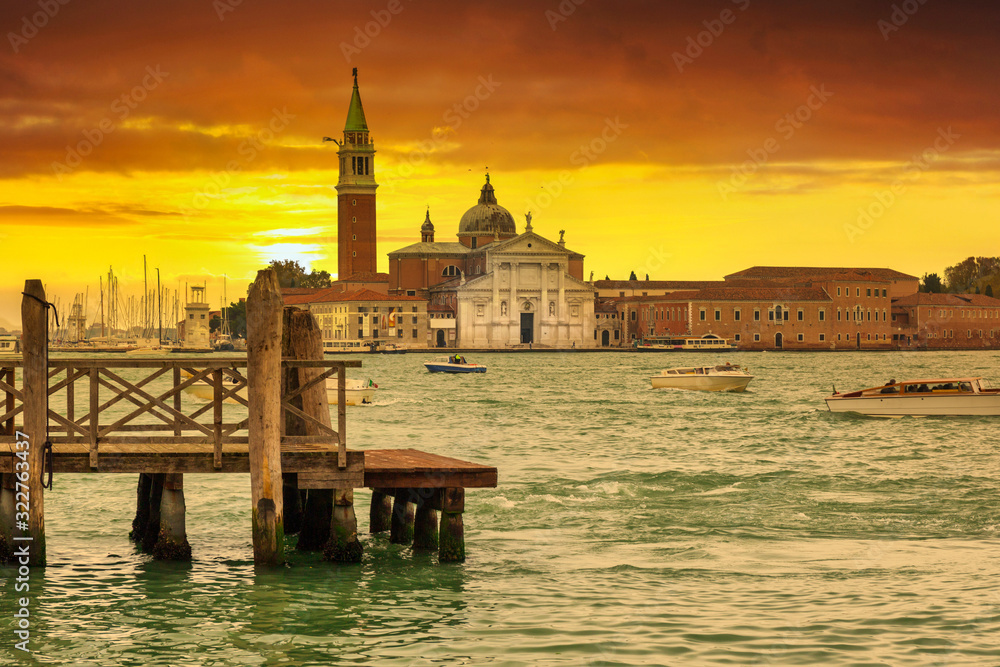 Harbor and San Giorgio Maggiore island at sunset, Venice. Italy