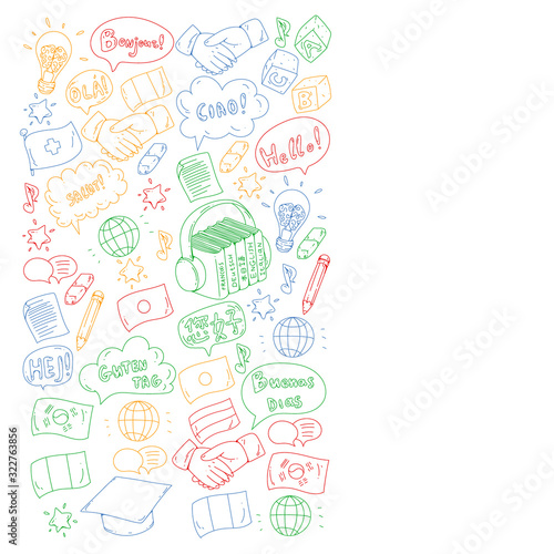 Vector icons. Language learning. Audio course. Spanish, english, italian, french, german, arabic, chinese.
