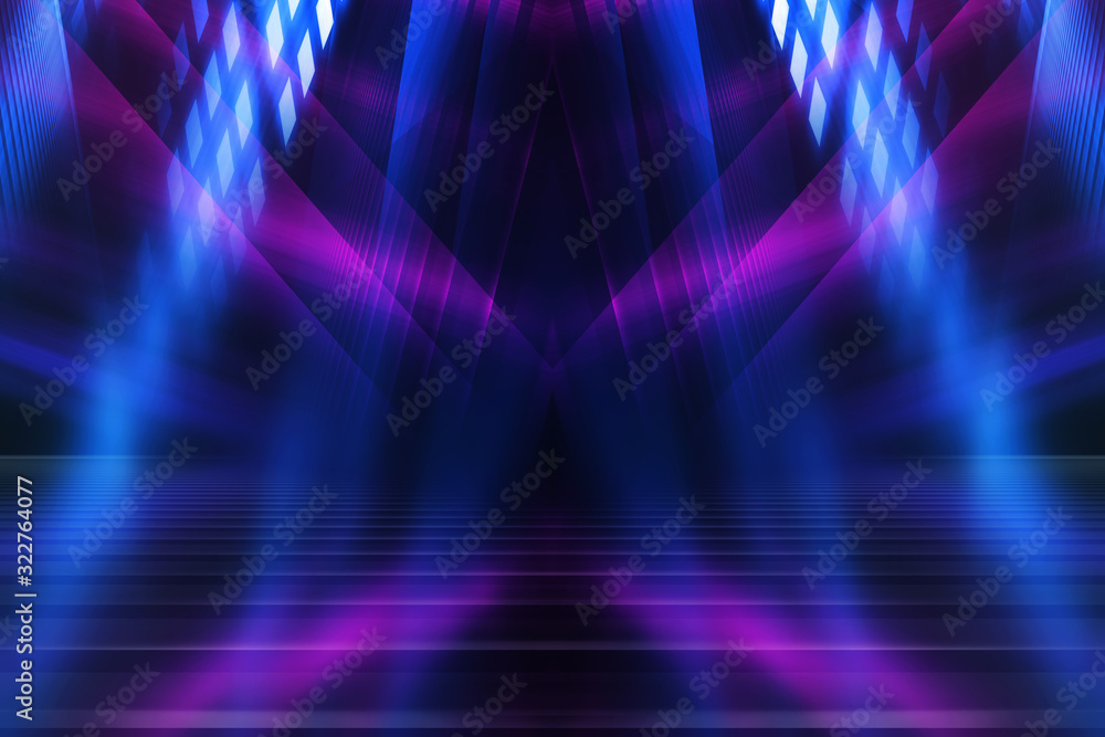 Abstract dark background with blue and pink neon glow. Neon lines of light. Background empty scene. Abstract dark background with blue and pink neon glow. Neon lines of light. Background empty scene.