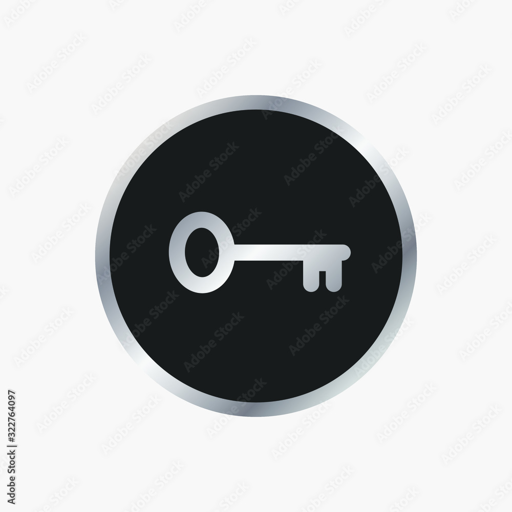 Key icon symbol. Silver and black color. Security button logo. Simple round shape sign. Vector illustration image. Isolated on white background. Key icon symbol. Silver and black color. Security button logo. Simple round shape sign. Vector illustration image. Isolated on white background.