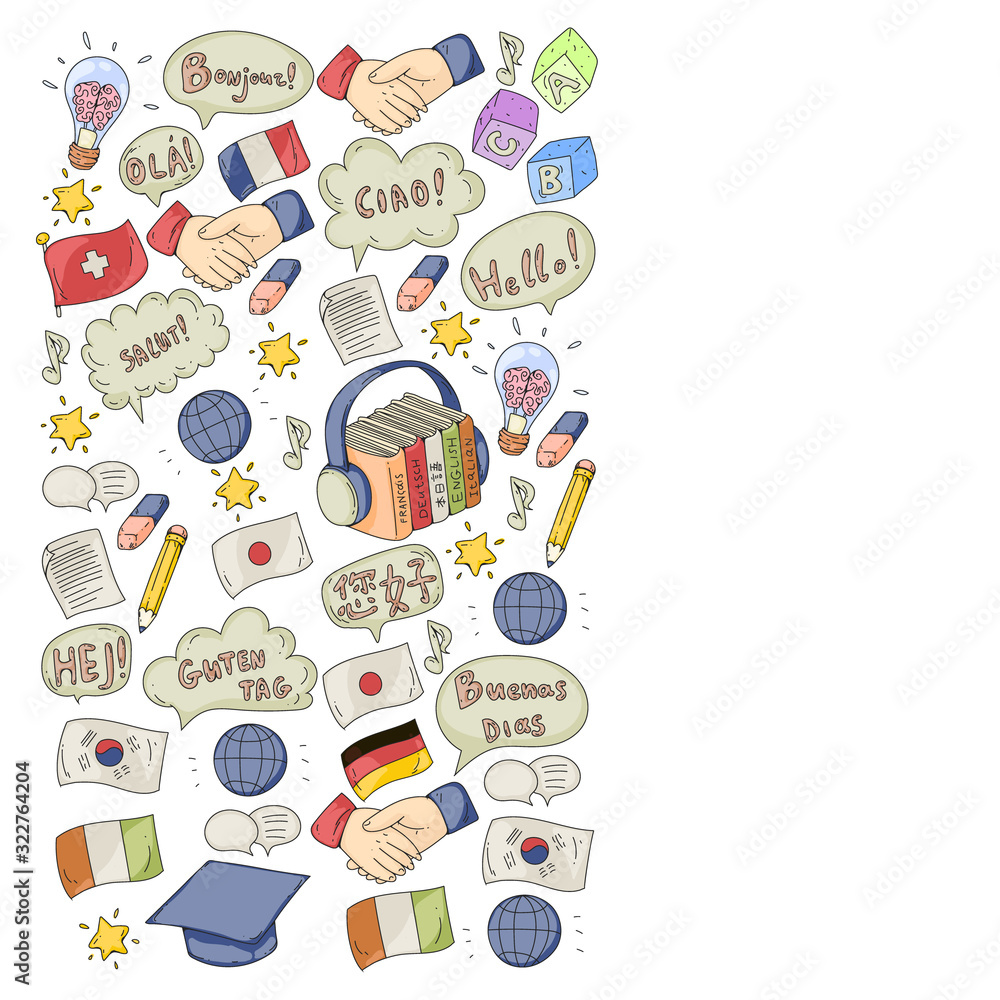Vector icons. Language learning. Audio course. Spanish, english, italian, french, german, arabic, chinese.