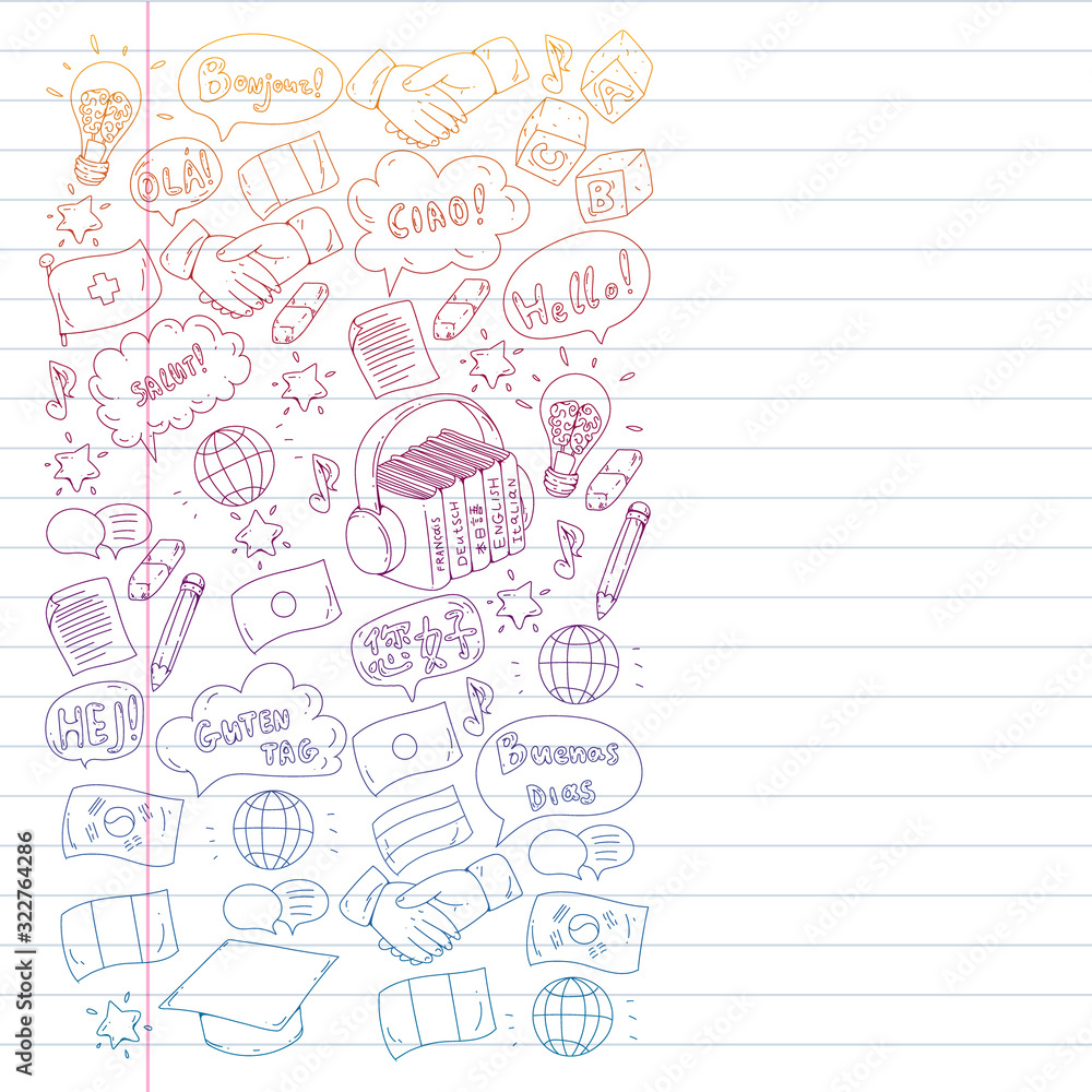 Vector icons. Language learning. Audio course. Spanish, english, italian, french, german, arabic, chinese. Vector icons. Language learning. Audio course. Spanish, english, italian, french, german, arabic, chinese.