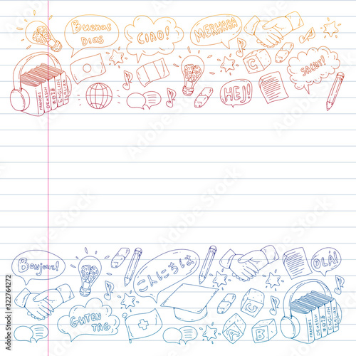 Vector icons. Language learning. Audio course. Spanish, english, italian, french, german, arabic, chinese.