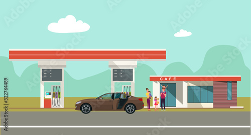 Gas station on the background of the countryside landscape and a car with family. Vector flat style illustration.