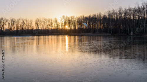 Frozen Stawiki lake in Sosnowiec in Poland
