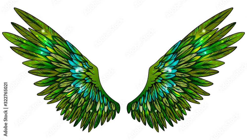 Obraz premium Beautiful magic glittery bright green wings with blue feathers, vector