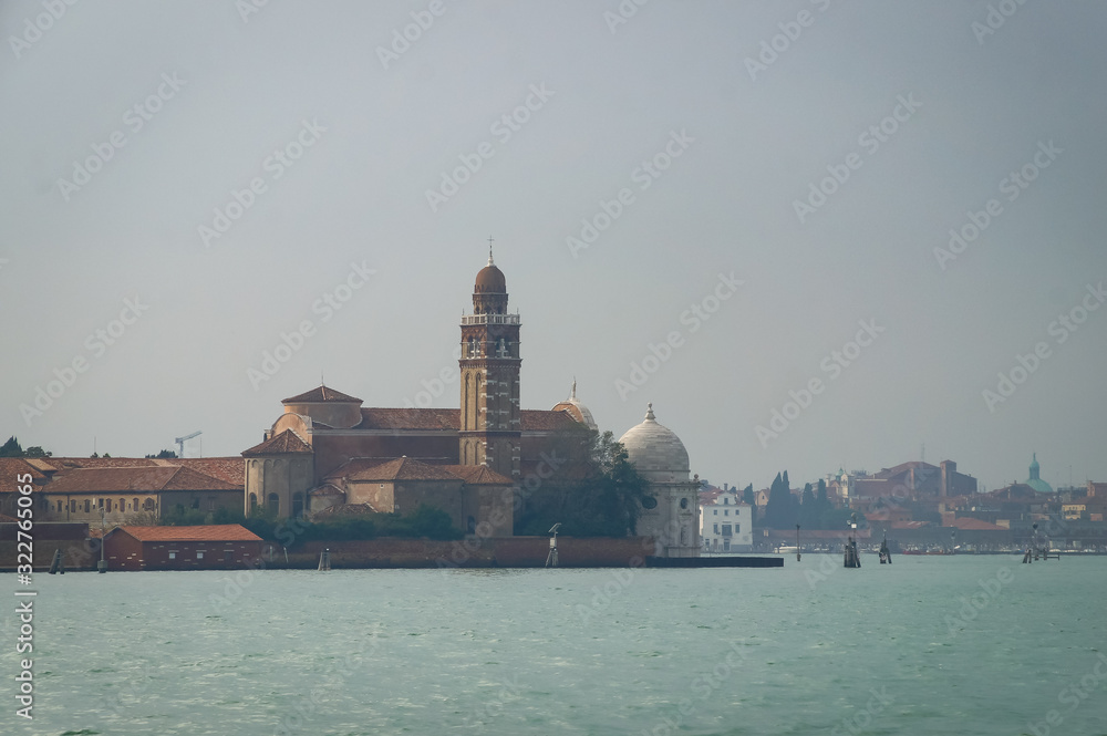 Cemetery of Venice and church from a boat, Italy, Europe.