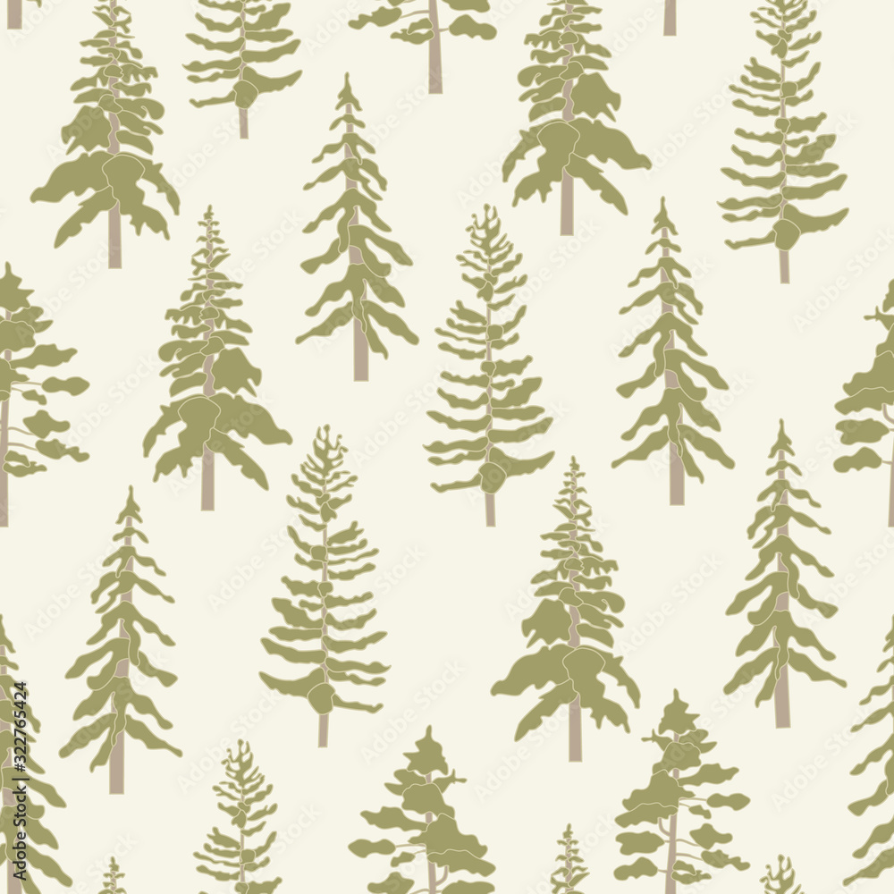 Vector Green Tree Forest on Beige Background Seamless Repeat Pattern. Background for textile, book covers, manufacturing, wallpapers, print, gift wrap and scrapbooking.
