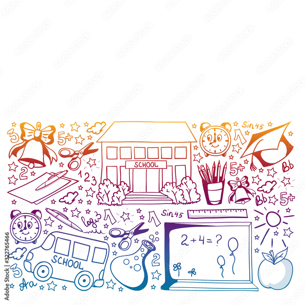 Fototapeta premium School pattern. Vector doodle style icons. Mathematis, astronomy, geography, biology, physics.