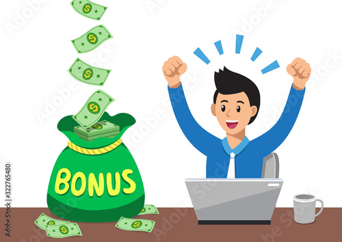 Cartoon happy businessman with big bonus money bag for design.