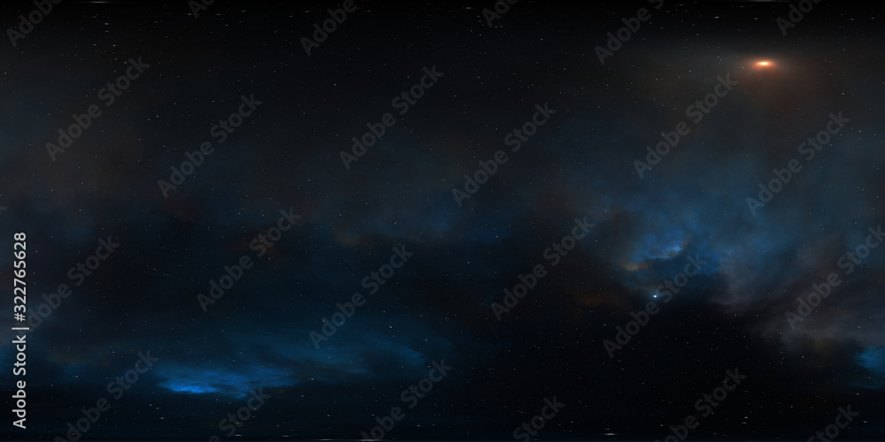 360 degree HDRI space background and nebula. Environment 360 HDRI map. Equirectangular projection, spherical panorama