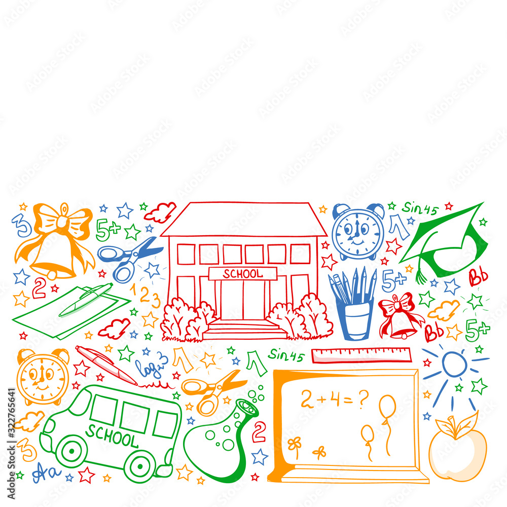 School pattern. Vector doodle style icons. Mathematis, astronomy, geography, biology, physics.