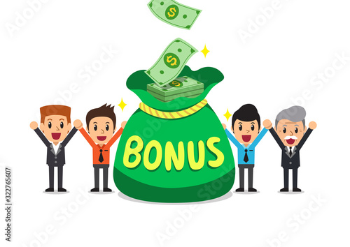 Cartoon happy business people with big bonus money bag for your design.