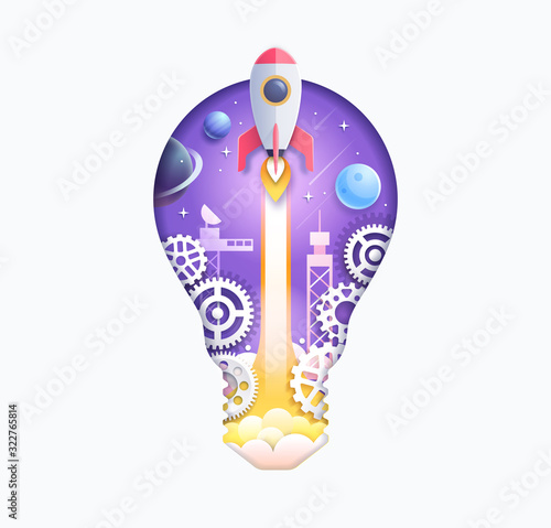 Space galaxy with cartoon rocket leaving white trail inside paper cut light bulb shape vector illustration.