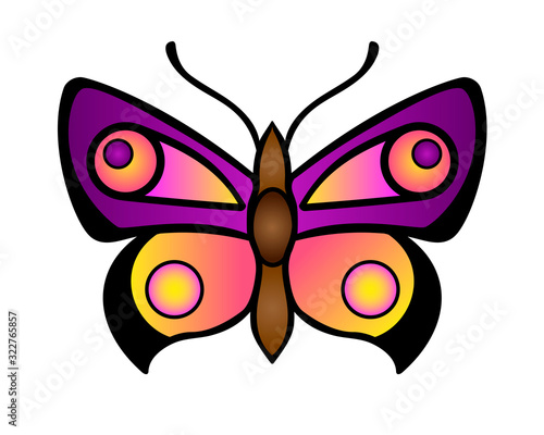 Bright, contrasting butterfly in purple, violet and pink colors. A luxurious vector butterfly insect is a symbol of spring and awakening life. Moth - vector full-color element for decoration.